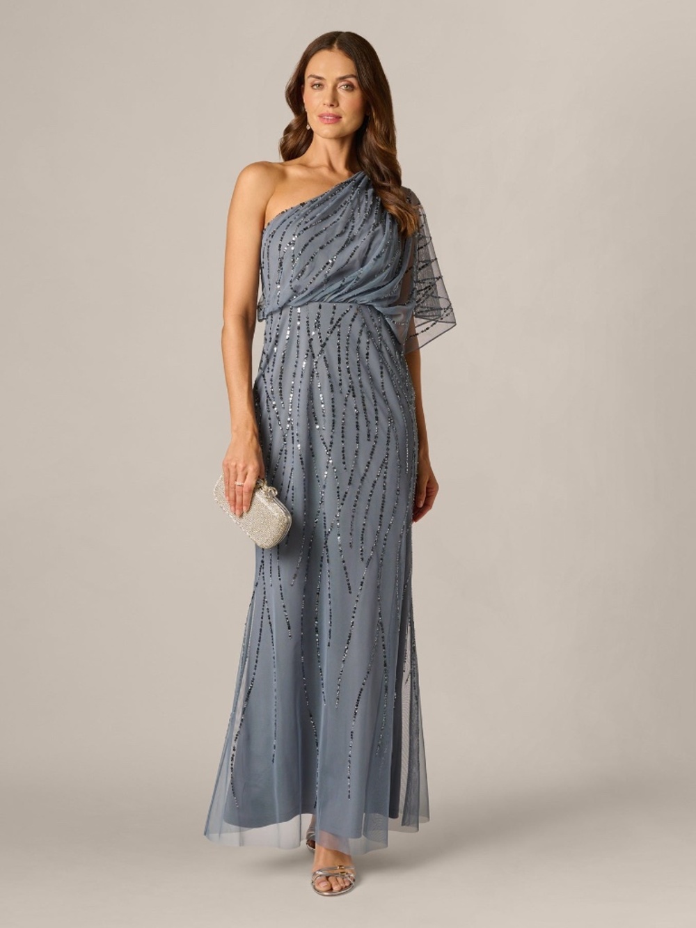 Adrianna Papell Draped One Shoulder Dress With Sequin Detail In Dusty Blue Size